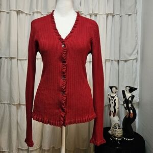 Chic Red Ribbed Ruffle Cardigan Sweater